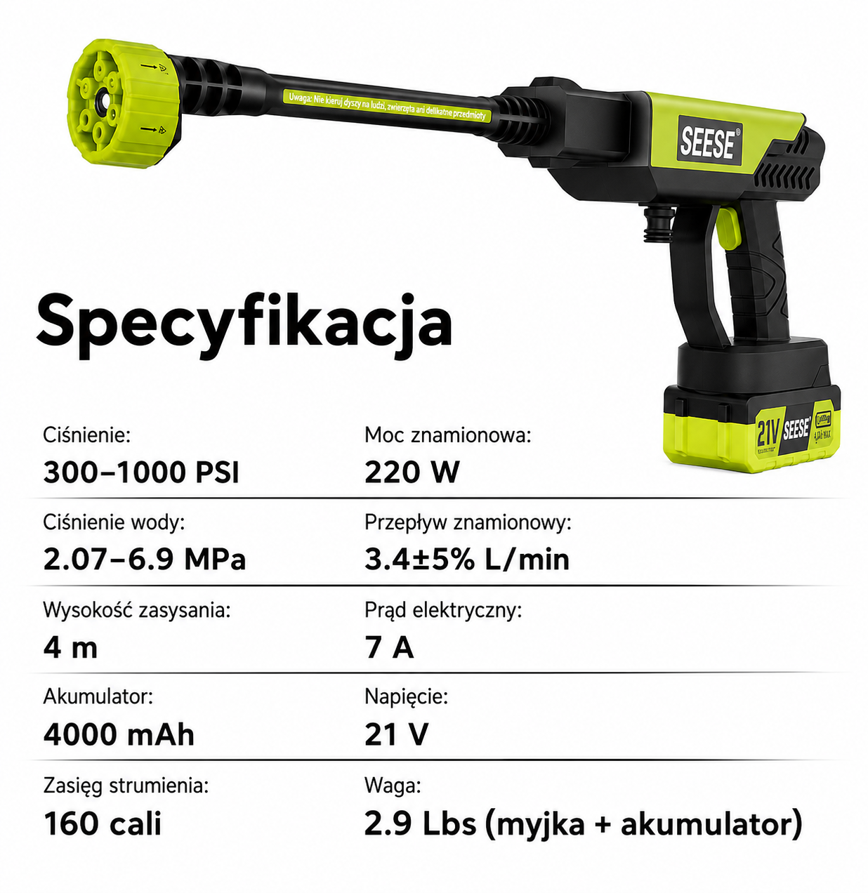 SEESE 21V — bezprzewodowa myjka ciśnieniowa